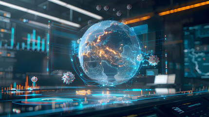 Background of a holographic globe with digital overlays tracking the new viruses spread, set in a high-tech monitoring center.