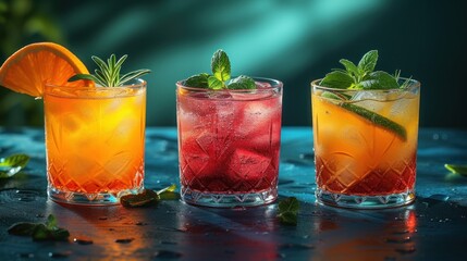  Three Glasses of Fruit Juice with Mint,  Three Different Drinks on a Table,  Three Glasses of Refreshing Beverages,  Three Colorful Cocktails with Mint.