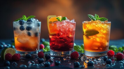 Three Flavored Drinks with Blueberries and Raspberries, Freshly Prepared Cocktails with Mint Garnish, Colorful Mix of Beverages on a Table, Sweet and Sour Drinks Served in Glasses.