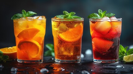 Freshly Squeezed Lemonade, Sweet and Fruity Iced Tea, Cold and Refreshing Mint Julep, Bubbly and Tart Raspberry Lemonade.