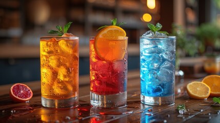 Colorful Fruit-Flavored Soda, Sparkling Citrus Drinks with Lemon and Orange Slices, Vibrant Glasses of Fruity Beverages, A Trio of Refreshing, Fruit-Infused Cocktails.