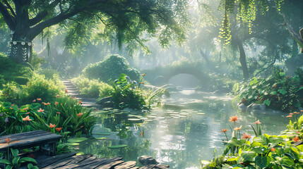 Misty Morning Tranquility: A Serene River in Natures Embrace, Surrounded by Fog and Greenery