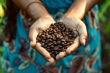 A woman is holding a handful of coffee beans - obrazy, fototapety, plakaty