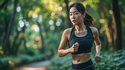 A young Asian woman jogging through the mountains.