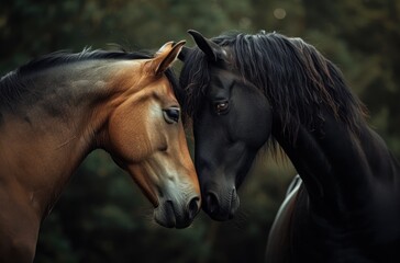 Two Horses Nuzzling Each Other, A Gentle Moment Between Two Horses, Bonding Over a Nose Bump, The Affectionate Meeting of Two Horse Friends.