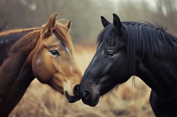 Two Horses Nuzzling Each Other, A Gentle Moment Between Two Horses, The Bonding of Two Horses in a Field, Horses Show Affection with Their Noses.