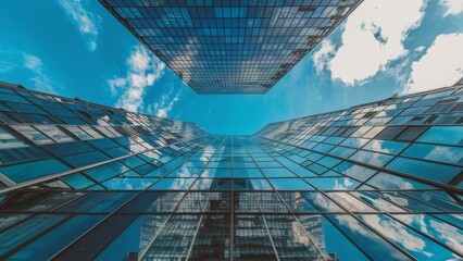A vertical panorama showcases a captivating urban canyon created by reflective high-rise buildings against a backdrop of scattered clouds
