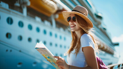 A smiling young woman with a map in front of a large cruise ship