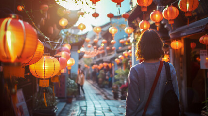 A young woman walking through an asian market surrounded by beautiful lanterns