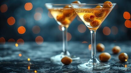 Golden Grapes in Martini Glasses, Sparkling Wine Glasses with Nuts, Fancy Cocktails and Nutty Snacks, Martini Glasses Filled with Fruity Delights. - obrazy, fototapety, plakaty