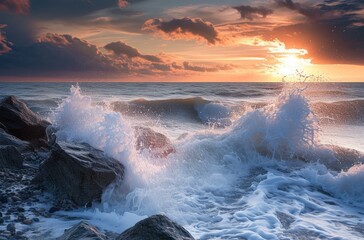 Sunset at the Ocean Shore, Rocky Cliff by the Sea, Waves Crashing Against Rocks, Beautiful Sunset Over the Ocean.