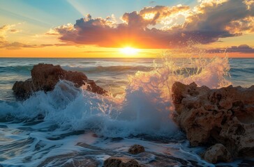 Obraz premium Sunset over the ocean, Waves crashing against rocks, The beauty of nature at dusk, A serene moment by the shore.