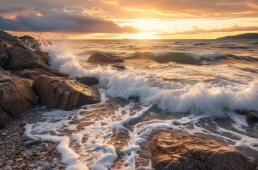 Obraz premium Sunset at the Ocean Shore, Rocky Beach and Waves, The Calm Before the Storm, A Serene Sunset by the Sea.