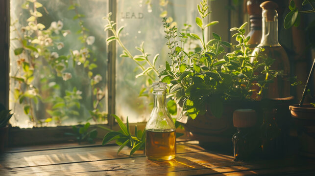 Herbal oils and plants on a wooden table