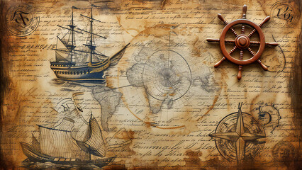 Fototapeta na wymiar Nautical vintage map, captain's log or ephemera with drawings and writing on it