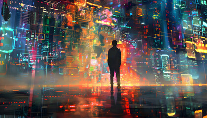 A man standing against a creative backdrop of abstract digital and financial imagery, representing the volatile and dynamic world of forex, gold, crypto background. - obrazy, fototapety, plakaty
