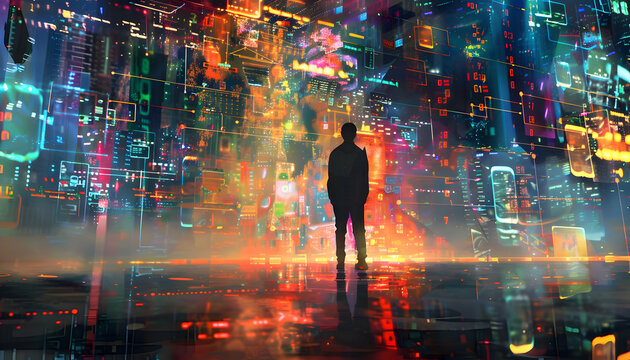 A man standing against a creative backdrop of abstract digital and financial imagery, representing the volatile and dynamic world of forex, gold, crypto background.