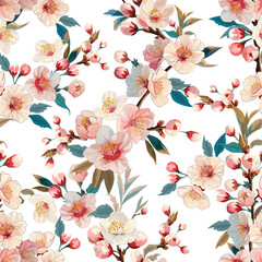 The branche of plum blossoms flowers seamless pattern isolated on background