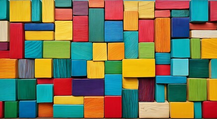 Vibrant multicolored wooden blocks arranged in a random pattern.