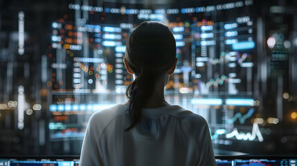 A woman with a contemplative posture, gazing at a large digital display showing forex trading data blurred background.
