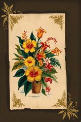 vintage old paper card with tropical flowers in pot,  design for cards, scrapbooking, greetings or invitation