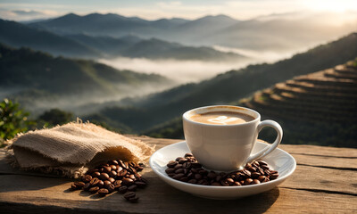Coffee bag on wooden table. Cup of coffee latte with heart shape and coffee beans on old wooden. Cup of coffee with smoke and coffee beans in burlap sack, Nature of mountains background. - obrazy, fototapety, plakaty