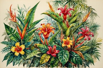 old watercolour painting of exotic tropical red, pink and yellow flowers, palm green leaves background, design for journaling