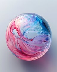 a glass orb with blue and pink liquid swirling