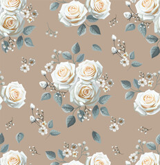 White roses beautiful bouquet seamless pattern, vector illustration