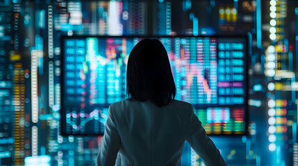 Background of woman analyzing digital currency and forex trading screens, displaying intricate graphs and numbers digital data streaming across multiple monitor.