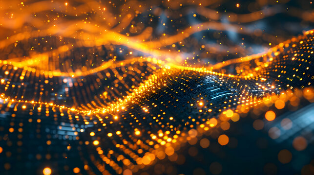 Background of a digital AI core, glowing in neon gold, surrounded by layers of AI command code and data visualizations.