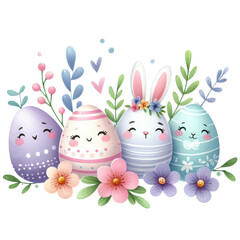 Fototapeta na wymiar Watercolor cute eggs, each with an easter design, pastel colors isolated on PNG background. Generative AI.