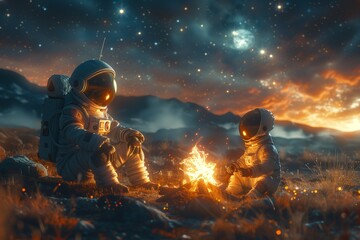 Astronaut and Alien Relax by Bonfire Under Starry Night Sky