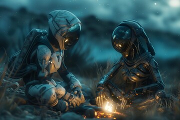 Astronaut and Alien Relax by Bonfire Under Starry Night Sky