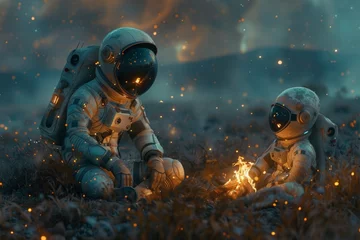Fotobehang Astronaut and Alien Relax by Bonfire Under Starry Night Sky © yevgeniya131988