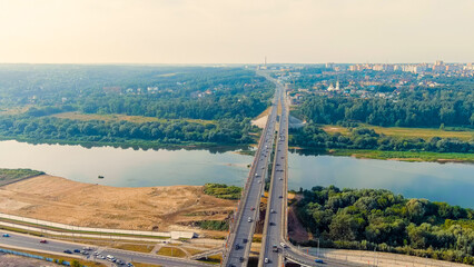 Kaluga, Russia. Entrance to the city center of Kaluga. Gagarin bridge, Aerial View
