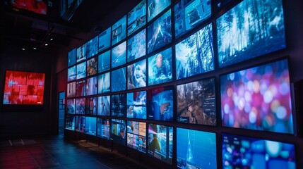 Multimedia video wall displaying various images. Concept of surveillance, broadcasting, and data analysis with screens showing forest scenes, urban CCTV, abstract patterns, and more.