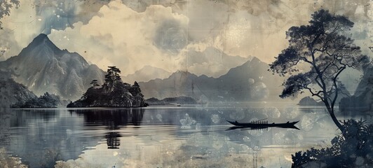 Vintage style Chinese landscape illustration. Concept of a serene lake scene with mountains in the background, a traditional boat, and a solitary tree, in a monochromatic blue palette. - obrazy, fototapety, plakaty