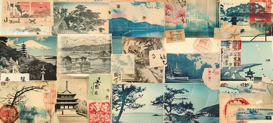 Vintage Japanese collage background. Set of faded manuscript pages, traditional artwork, and cultural icons arranged in a patchwork design, ideal for historical themes and artistic projects.