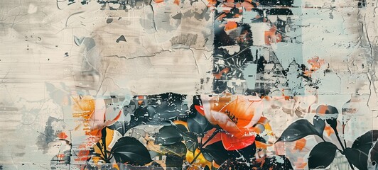 Abstract floral art on textured background. Concept of a contemporary collage combining vintage wallpaper patterns with bold splashes of color and floral imagery, suited for modern creative designs.