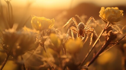 Close-up of a spider on a flower at Sunset in Summer. Nature, Landscape, Sun, Golden Hour, Insects, Animals in the forest, Field concepts. A horizontal Banner with Copy Space. - obrazy, fototapety, plakaty