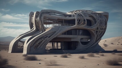 Brutal futuristic architecture. Modern concrete building in geometric style