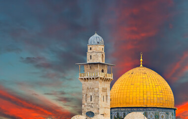 Dramatic sunrise above golden dome of Rock Mosque on Temple Mount in old city of Jerusalem, the image may be used for major Islamic holiday of Ramadan - 749788033