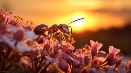 Close-up of an Ant on a Pink flower at Sunset in Summer. Nature, Landscape, Insects, Animals in the...