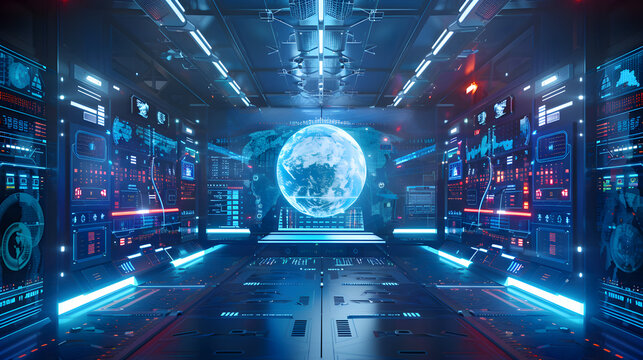  Futuristic Spaceship interior with blue and red neon lights and planet earth - Powered by Adobe