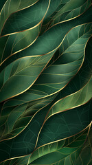 Obraz premium Green leaves with gold veins on a dark background. 