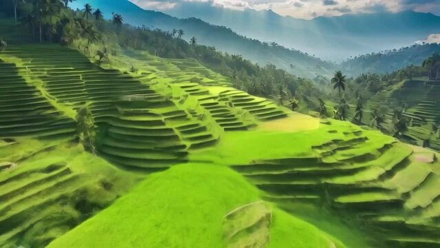 Aerial view of green terraced rice fields with a rural vibes and clear skies