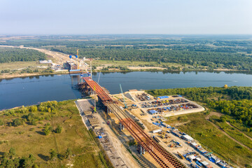 Murom, Russia. Construction of a bridge across the Oka River. Construction site of the highway M12, Moscow - Kazan. Aerial view