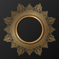 Golden frame with ornament in circle on black background. Luxury gold mandala. - Vector.