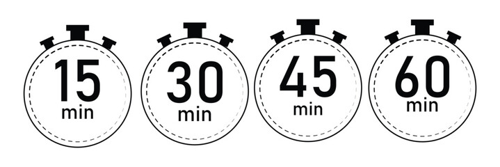 stopwatch set for every 15 minutes icon. countdown analog timer deadline Set. Clock dial with showing minute in four style can be use for app. vector illustration on white background.